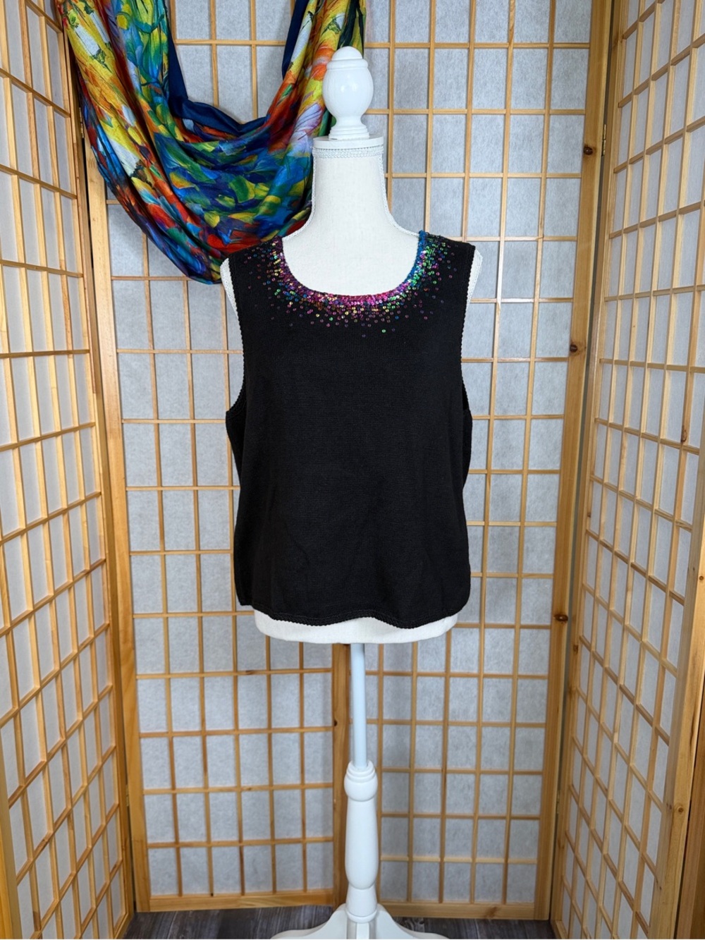 Michael Simon Black Tank with Multicolor Beaded Neckline